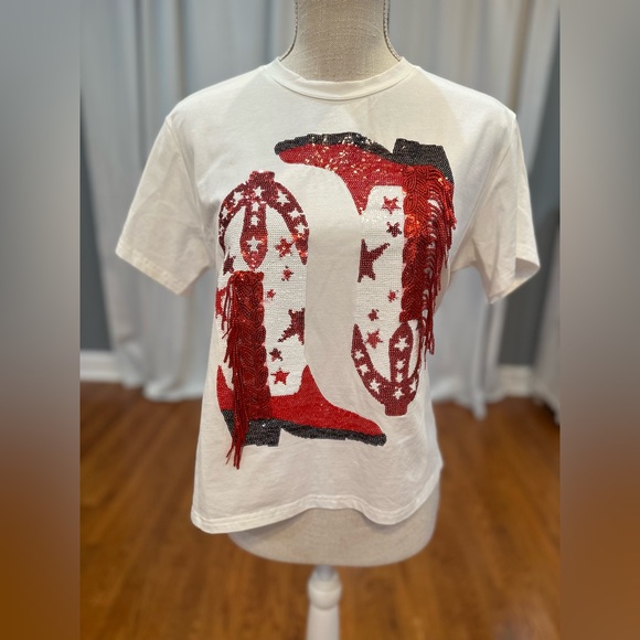 Queen of Sparkles red white fringe sequin cowgirl boots tee women’s size XS NWOT - Picture 1 of 9